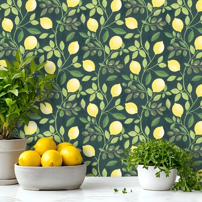 Citroentak botanische keuken behang (Botanical design with yellow lemons and green branches, perfect for kitchens and Mediterranean style)