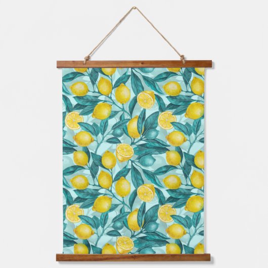 Citroentakken in blauw en geel hangend wandkleed (Voorkant)