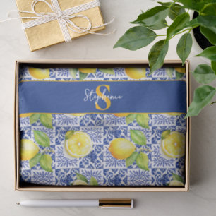 Citroentegelpatroon Monogram Blauw Wit Naam Citrus Tissuepapier