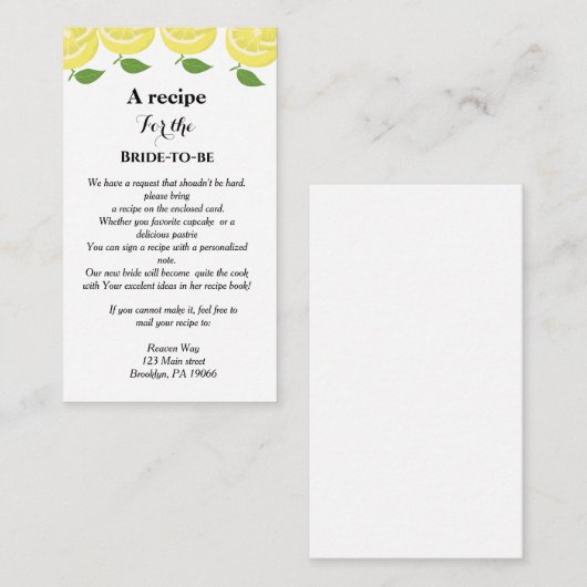 Citroenthema Recept verzoek bruidsfeest Informatiekaartje (Voorkant / Achterkant)