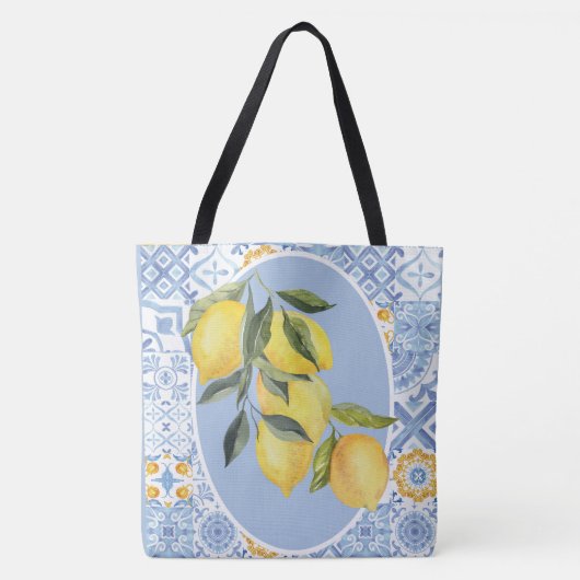 Citroenvrucht, op Europa geïnspireerde blauwe tege Tote Bag (Voorkant)