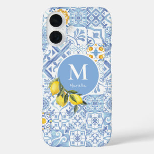 Citroenvruchtenmonogram, blauwe tegel iPhone 16 hoesje