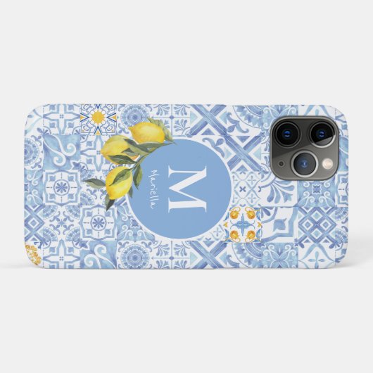 Citroenvruchtenmonogram, blauwe tegel Case-Mate iPhone case (Achterkant (horizontaal))