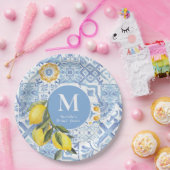 Citroenvruchtenmonogram, blauwe tegel papieren bordje (Feest)