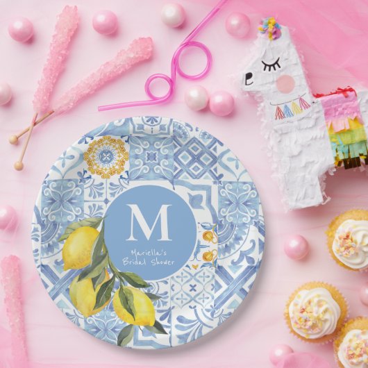 Citroenvruchtenmonogram, blauwe tegel papieren bordje (Feest)
