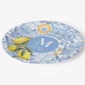 Citroenvruchtenmonogram, blauwe tegel papieren bordje (Gekanteld)