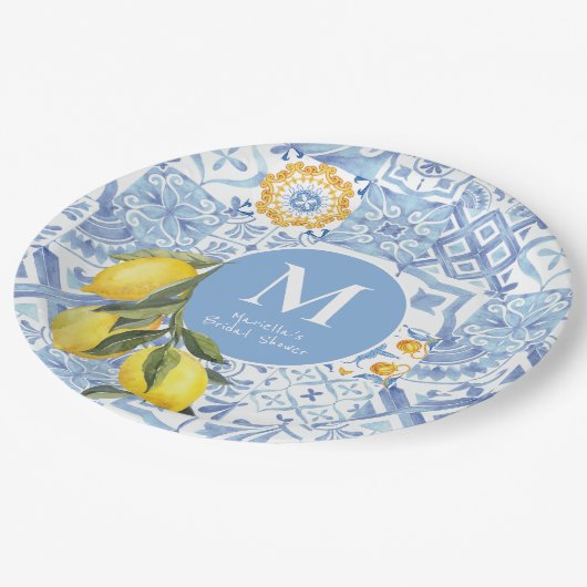 Citroenvruchtenmonogram, blauwe tegel papieren bordje (Gekanteld)