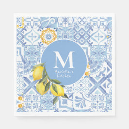 Citroenvruchtenmonogram, blauwe tegel servet