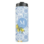 Citroenvruchtenmonogram, blauwe tegel thermosbeker (Voorkant)