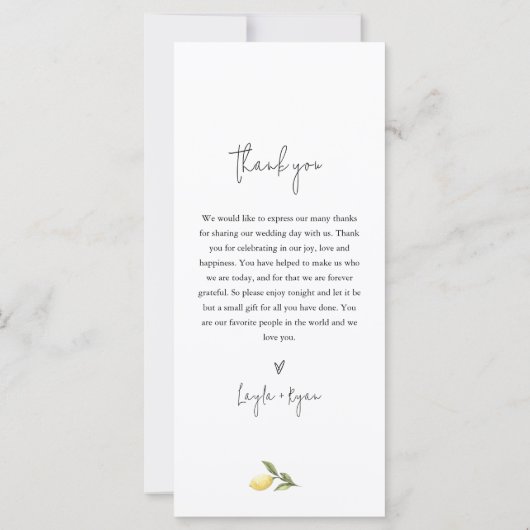 CITRON Citrus Bruiloft Diner Menu (Achterkant)