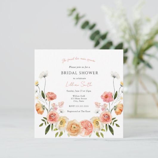 Citrus and Flowers Bridal Shower Invitation Kaart (Staand voorkant)