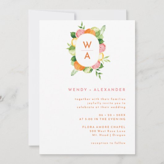 Citrus Aquarel Monogram Wapenschild Trouwdetails Kaart (Voorkant)