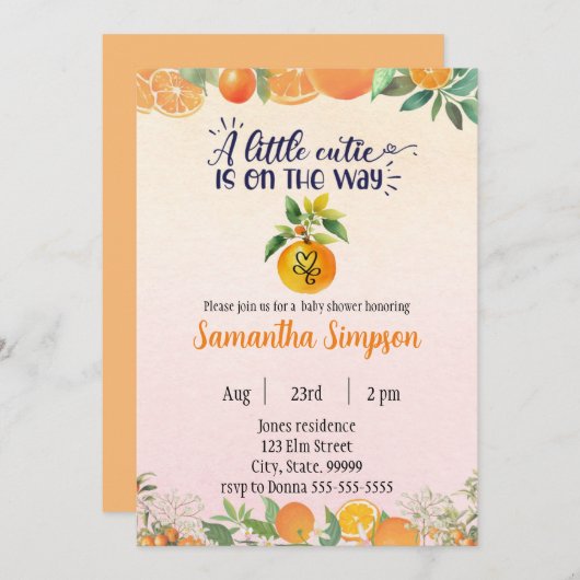 Citrus Baby shower Botanische Oranje Uitnodiging (Voorkant / Achterkant)