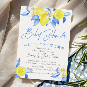 Citrus Baby shower Waterverf Lemon Blue Floral Kaart