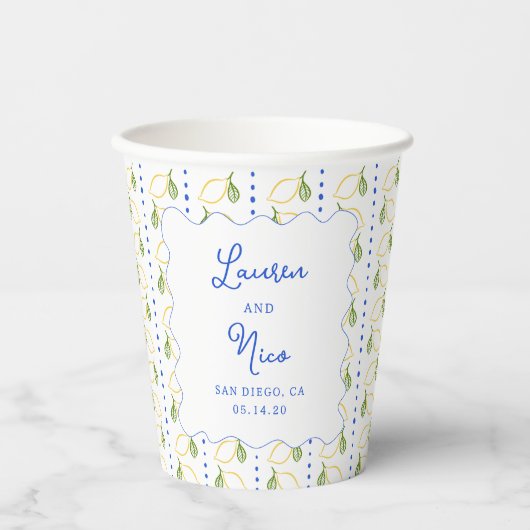 Citrus Blauw & Geel Amalfi Custom Wedding Papieren Bekers (Voorkant)