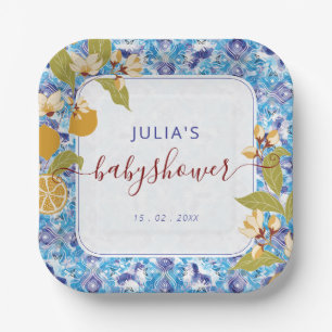 Citrus Blauw Geel Citroen Amalfi Kust Baby Shower Papieren Bordje