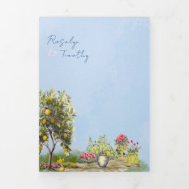 Citrus Blauwe Aquarel Illustratie Bruiloft Drieluik Uitnodiging