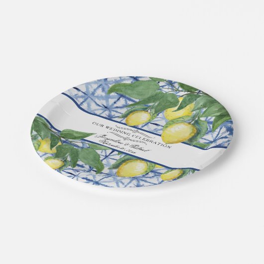 Citrus Bloemblad Bladkrans Blauw Wit Papieren Bordje (Gekanteld)