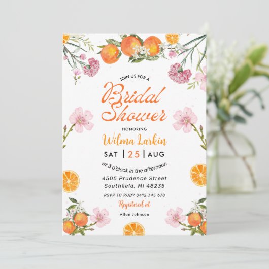 Citrus Bloemen Bruids Douche Uitnodiging (Staand voorkant)