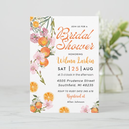 Citrus Bloemen Bruids Douche Uitnodiging (Staand voorkant)