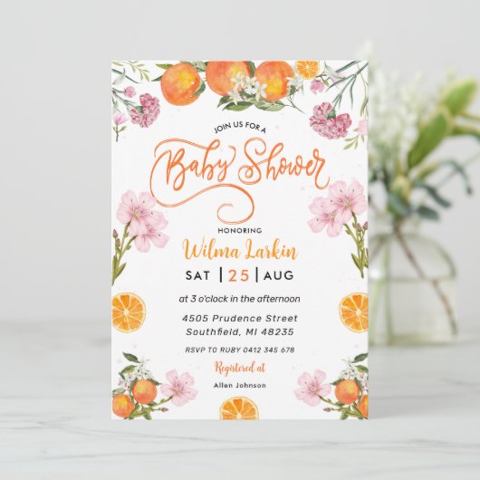 Citrus Bloemen Bruids Douche Uitnodiging (Staand voorkant)