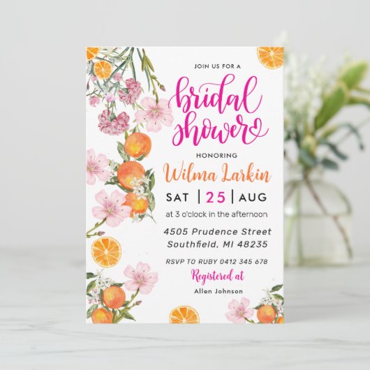 Citrus Bloemen Bruids Douche Uitnodiging (Staand voorkant)