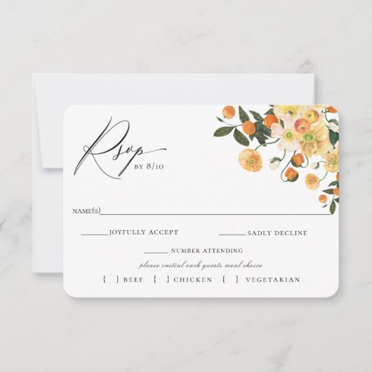 Citrus Bloemen Bruiloft RSVP Met Maaltijd Keuze Ka (Voorkant)