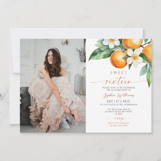 Citrus Bloemen Foto Sweet 16 Verjaardag Uitnodigin Kaart (Voorkant)
