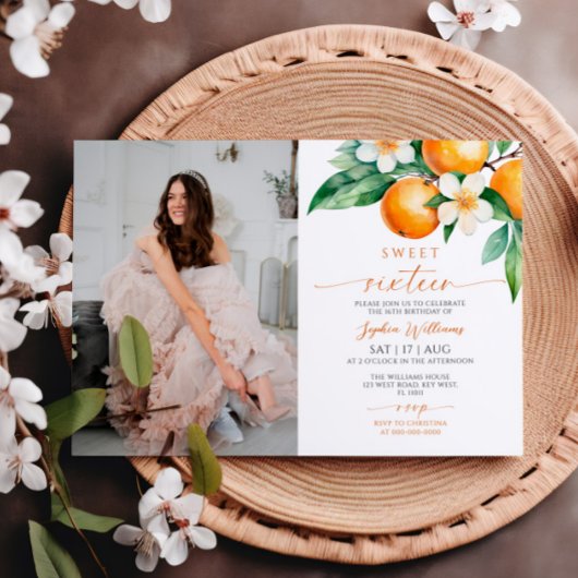 Citrus Bloemen Foto Sweet 16 Verjaardag Uitnodigin Kaart