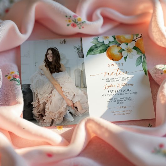 Citrus Bloemen Foto Sweet 16 Verjaardag Uitnodigin Kaart