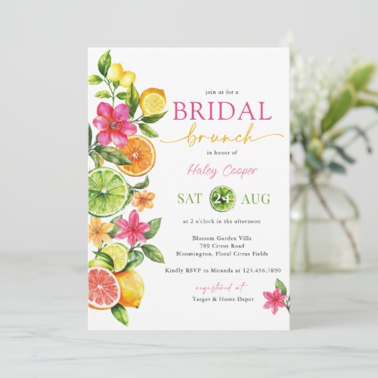 Citrus Bloemen Roze Sinaasappel Bruids Brunch Douc Kaart (Staand voorkant)