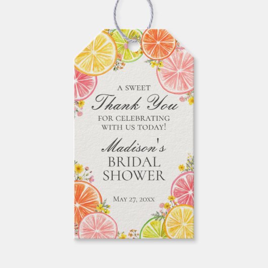 Citrus Bloemige Bruiloftsshower Favoren Hoofdsquee Cadeaulabel (Voorkant)
