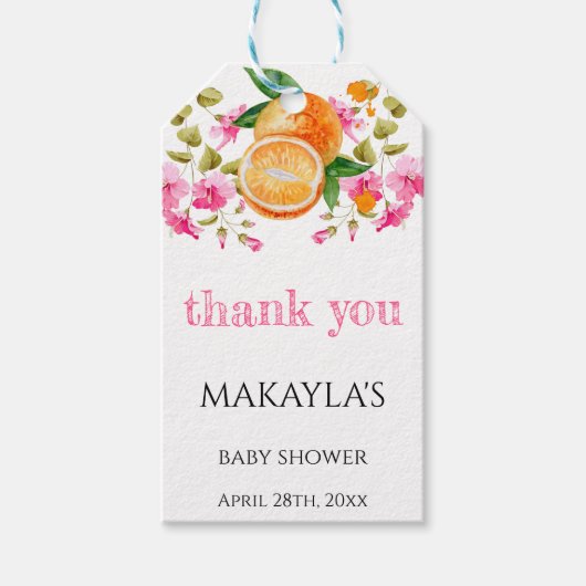 Citrus Bloemige Roze Meisje schatje Baby Shower Cadeaulabel (Voorkant)