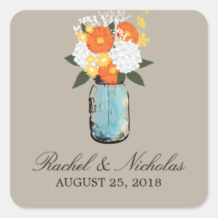Citrus Bloom Mason Jar   Bruiloft Vierkante Sticker