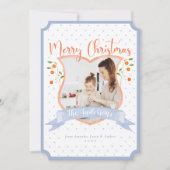 Citrus Blue Chinoiserie Crest One Photo met Kerstm Feestdagenkaart (Voorkant)