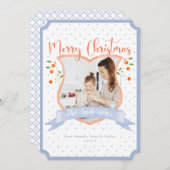 Citrus Blue Chinoiserie Crest One Photo met Kerstm Feestdagenkaart (Voorkant / Achterkant)