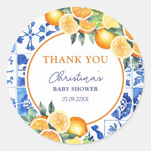 Citrus Blue Tegels Baby shower Dank u Ronde Sticker (Voorkant)