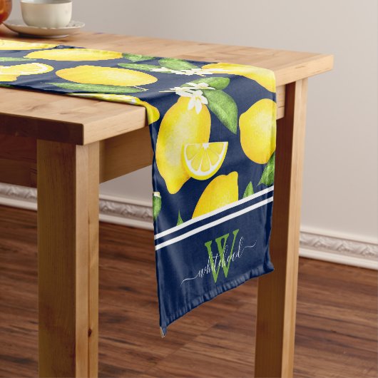 Citrus Botanical Lemon Elegant Monogram Navy Lange Tafelloper (Voorbeeld)