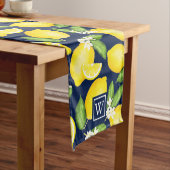 Citrus Botanical Lemon Navy Blue Monogram Lange Tafelloper (Voorbeeld)
