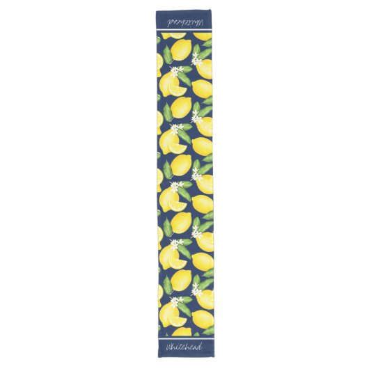 Citrus Botanical Lemon Personalize Navy Blue Lange Tafelloper (Voorkant)
