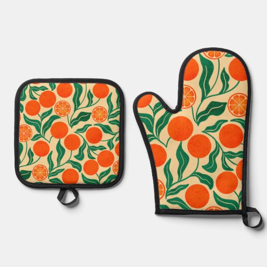 Citrus Botanical Oven Mitt & Pot Holder Ovenwant & Pannenlap Set (Voorkant)