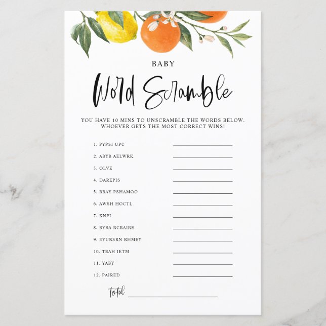 Citrus Botanische Baby shower Word Scramble Game (Voorkant)