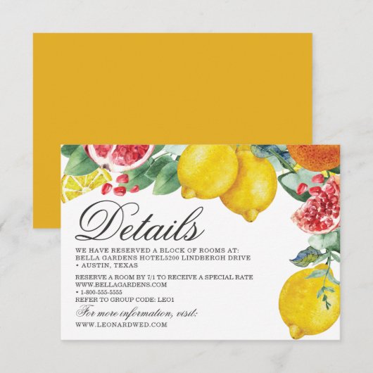 Citrus botanische bruiloft details kaart (Voorkant / Achterkant)