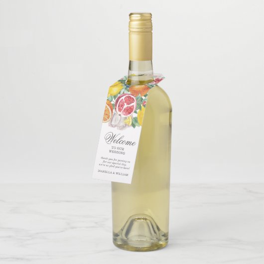 Citrus botanische bruiloft welkom flessenhanger (Schuin)