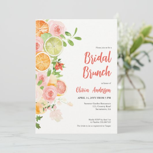 Citrus bruids brunch douche uitnodiging (Staand voorkant)