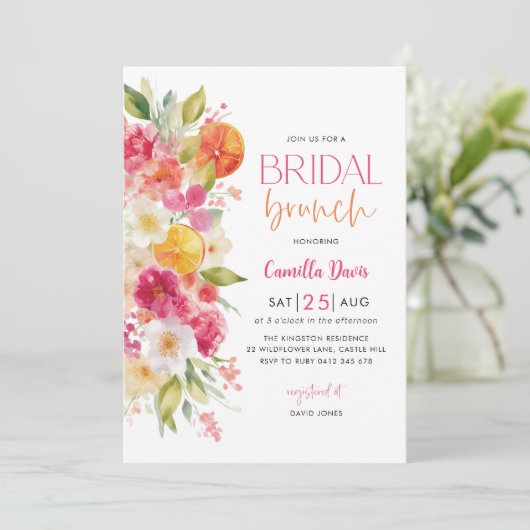 Citrus bruids brunch, heldere bloemenmediterraan kaart (Staand voorkant)