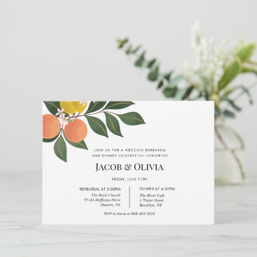 Citrus bruiloft repetitie diner uitnodiging (Staand voorkant)