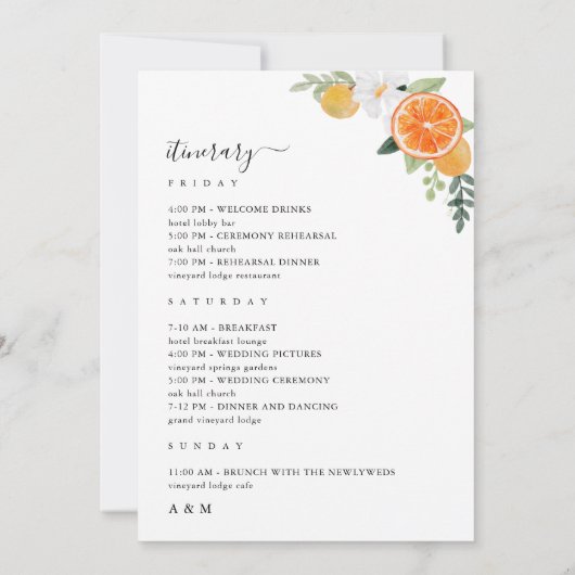 Citrus bruiloft welkomstbrief en reisroute Kaart (Achterkant)