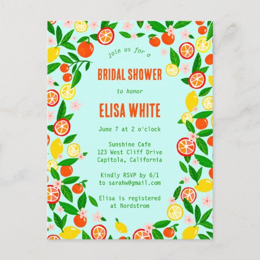 Citrus Celebration CUSTOM Summer BRIDAL SHOWER Uitnodiging Briefkaart (Voorkant)