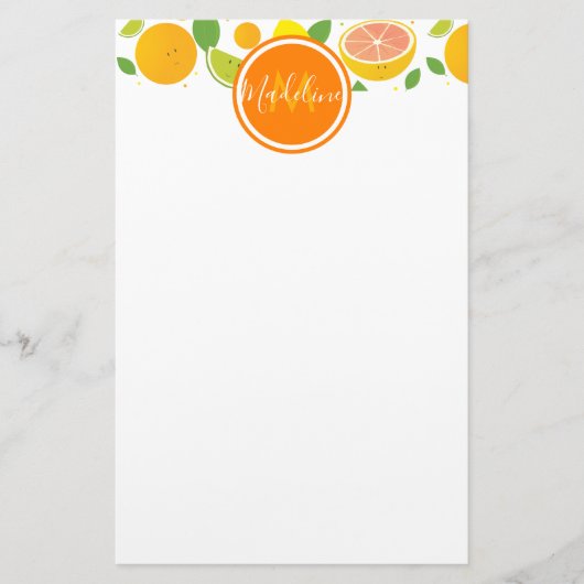 Citrus Characters Leaf Pattern Name Initiaal Briefpapier (Voorkant)